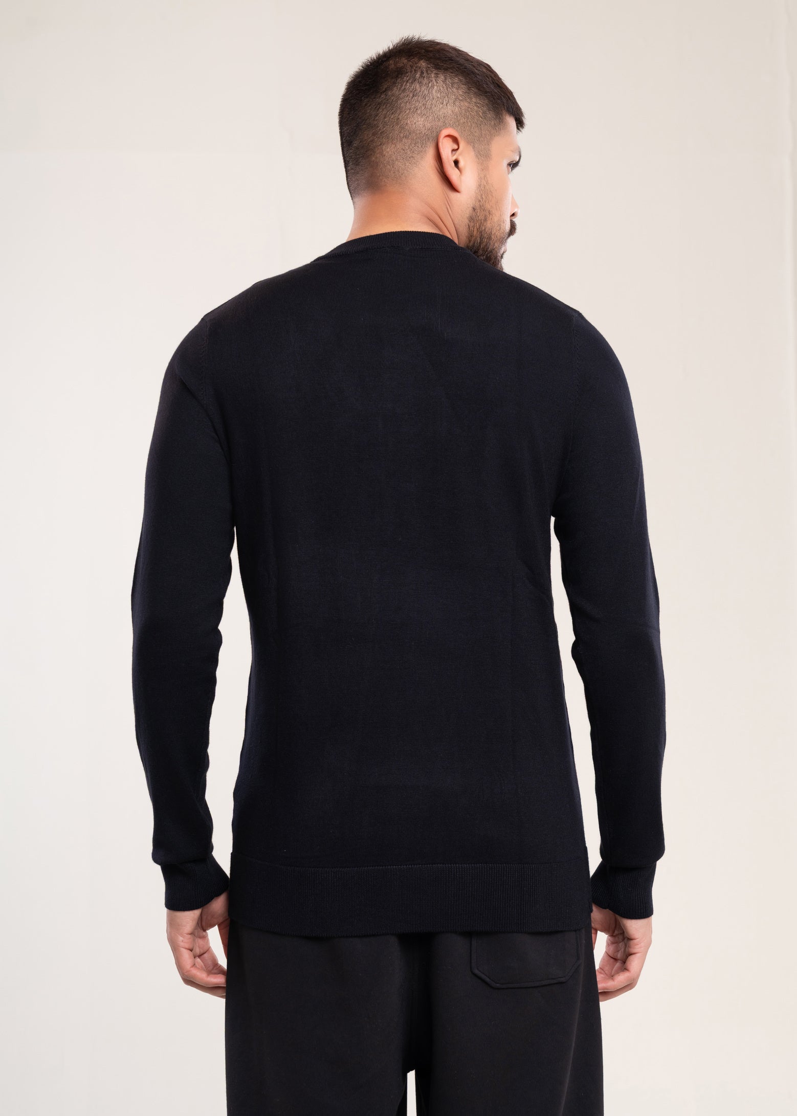 Mens Crew Neck Sweater Black Back Side Menswear UK