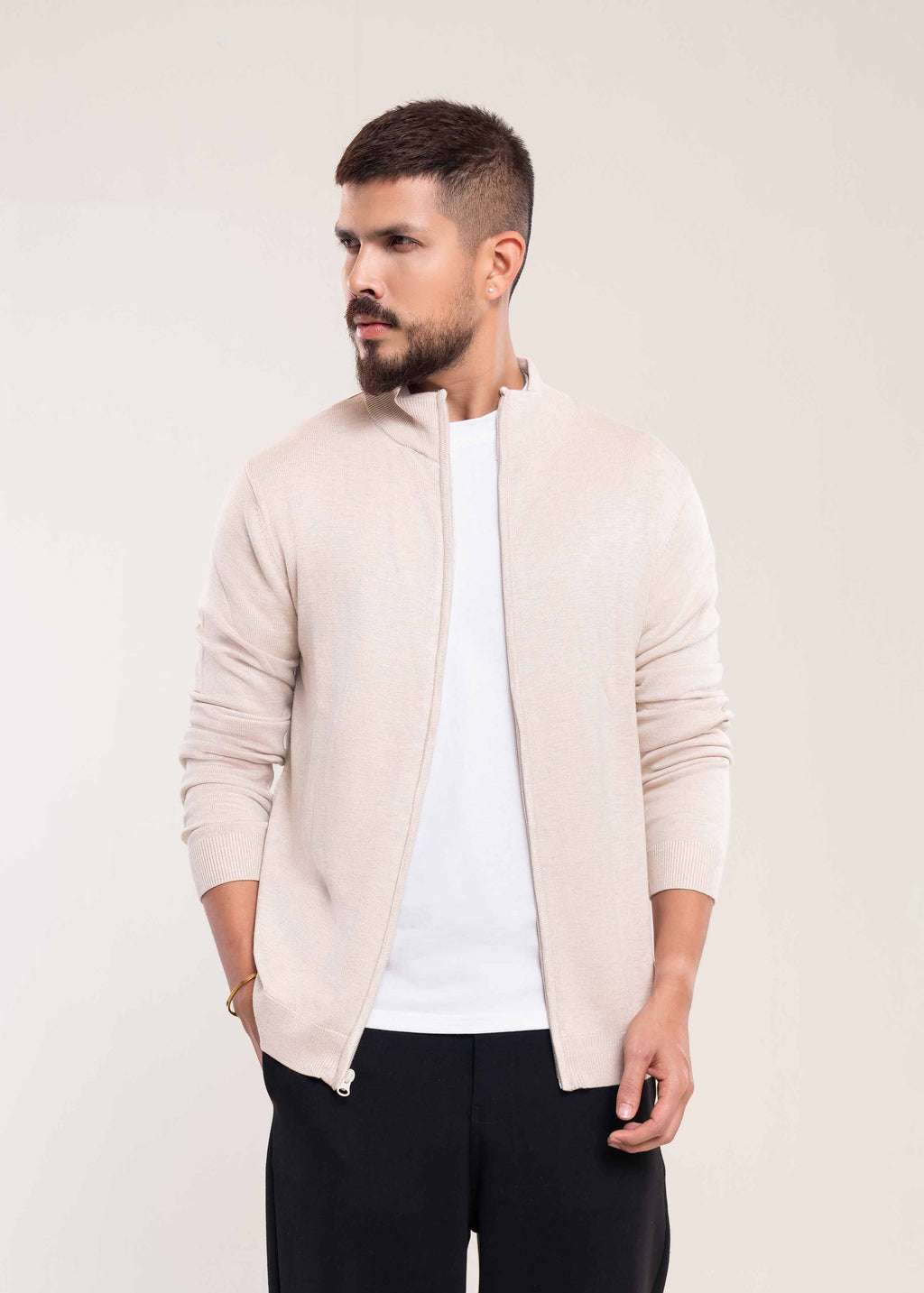 Mens Full Zip Jumper Cream - Lucca Menswear Full Zip Jumper Collection UK