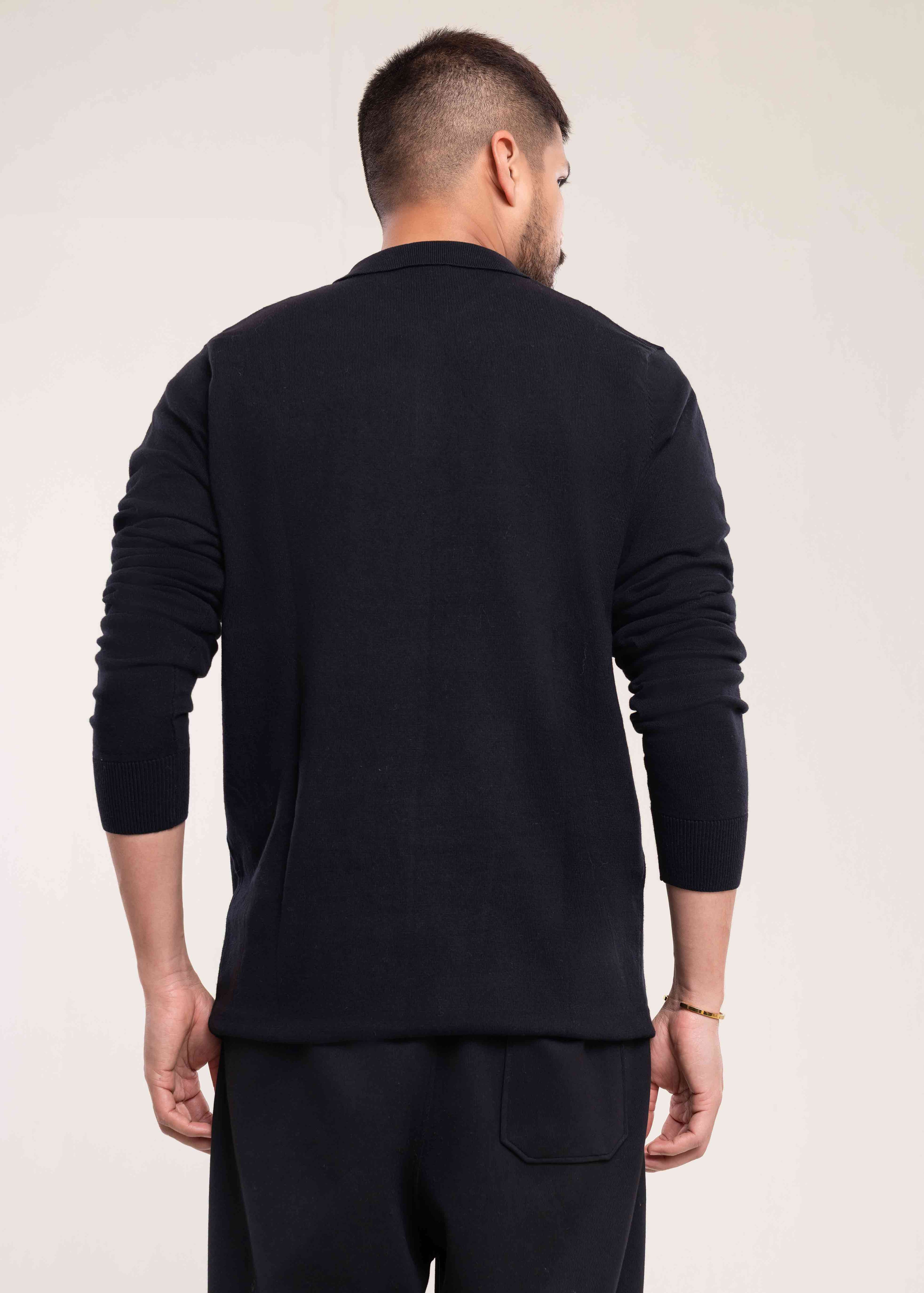 Mens Polo Jumper Long Sleeve Black Polo Jumper - Lucca Menswear UK