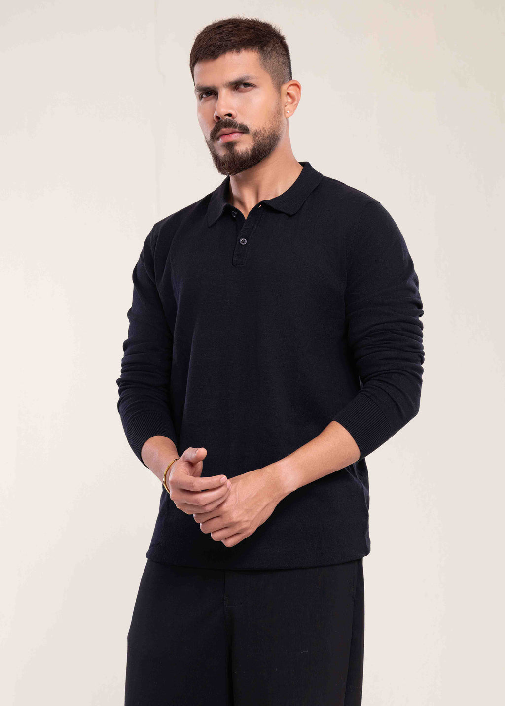 Mens Polo Jumper Long Sleeve Black Polo Jumper - Lucca Menswear UK