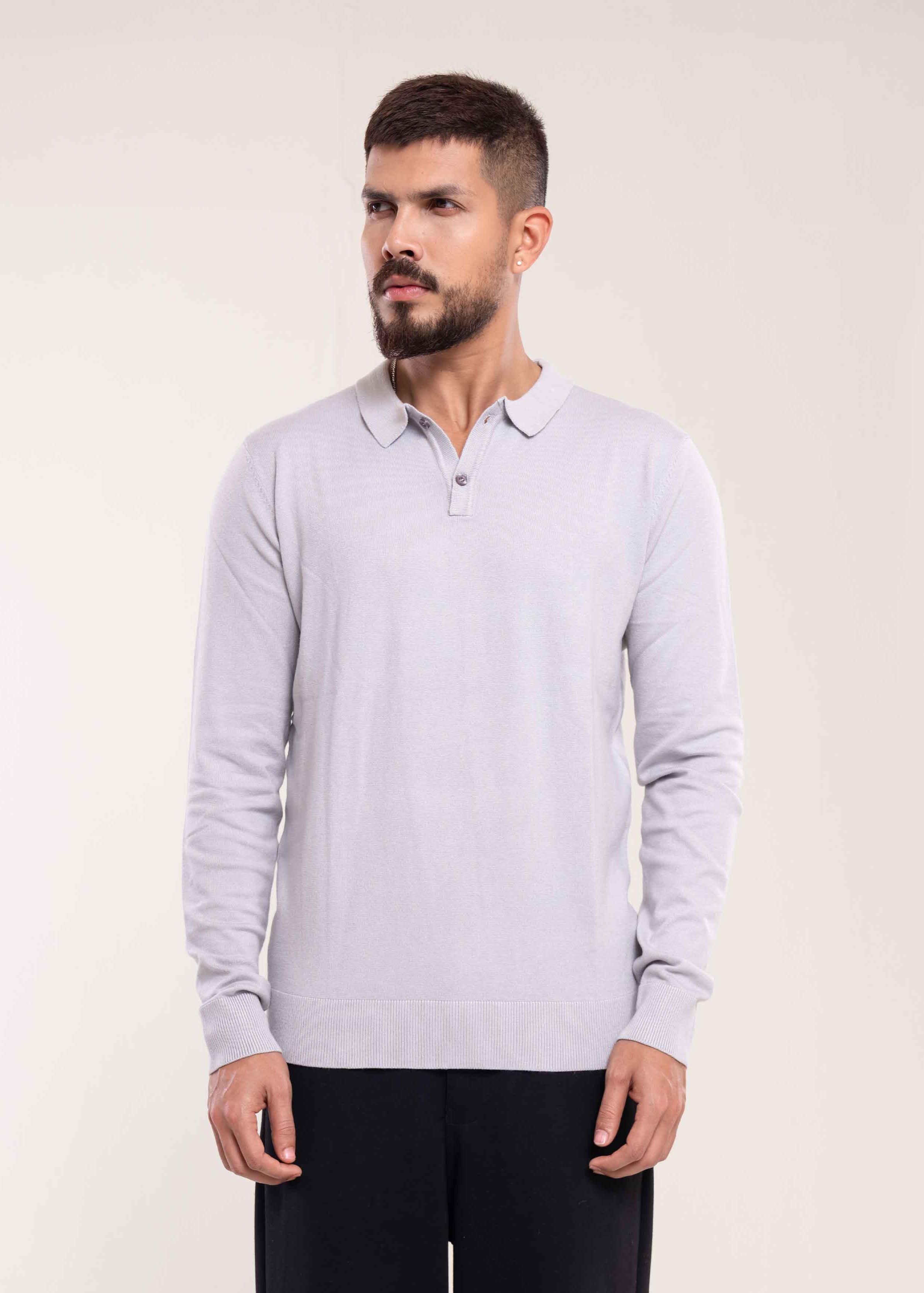 Mens Polo Jumper Long Sleeve Grey Polo Jumper - Lucca Menswear UK