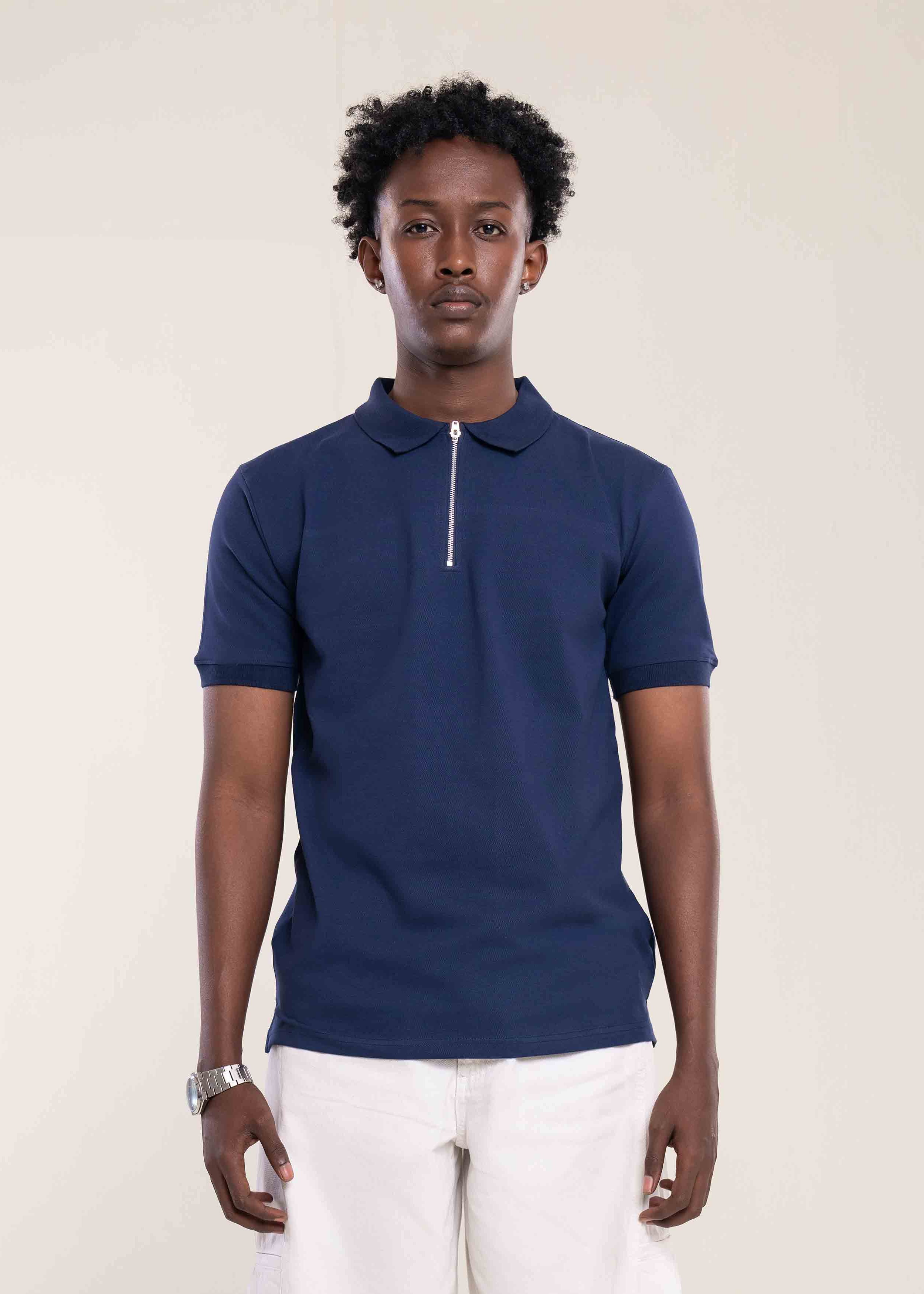 Mens Zip Neck Polo T Shirt Navy - Mens T Shirt - Lucca Menswear UK