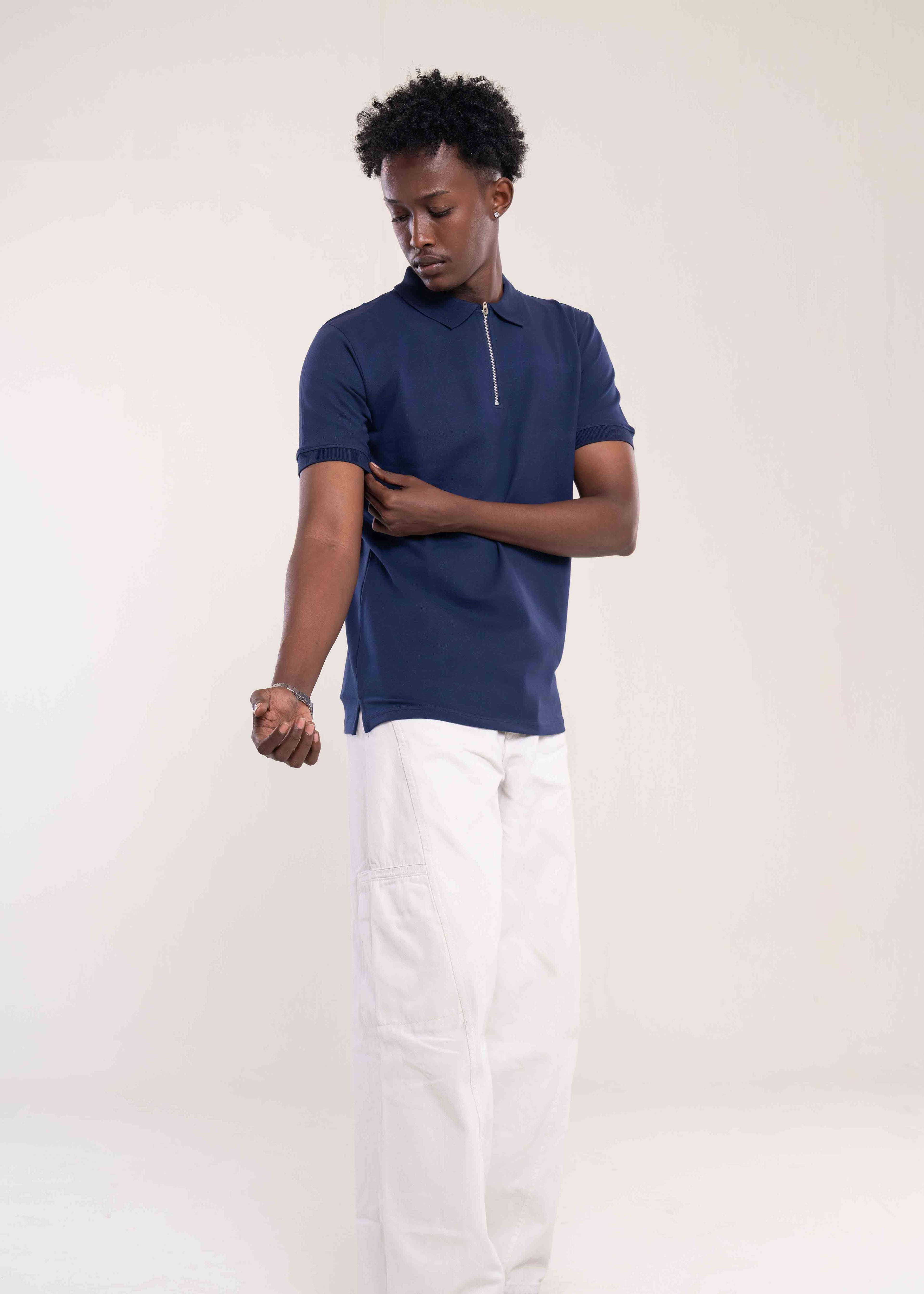 Mens Zip Neck Polo T Shirt Navy - Mens T Shirt - Lucca Menswear UK