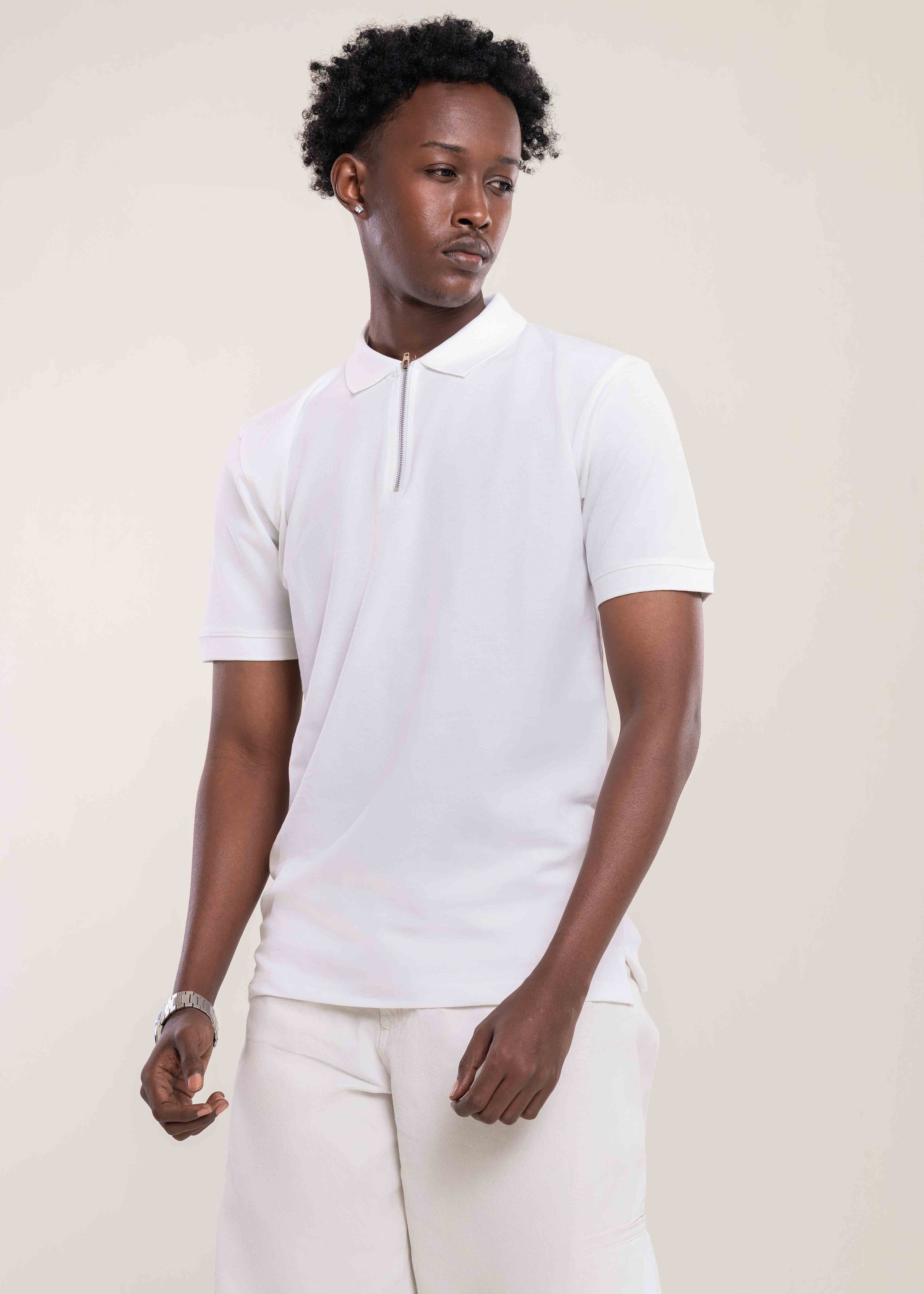 Mens Zip Neck Polo T Shirt White - Lucca Menswear UK