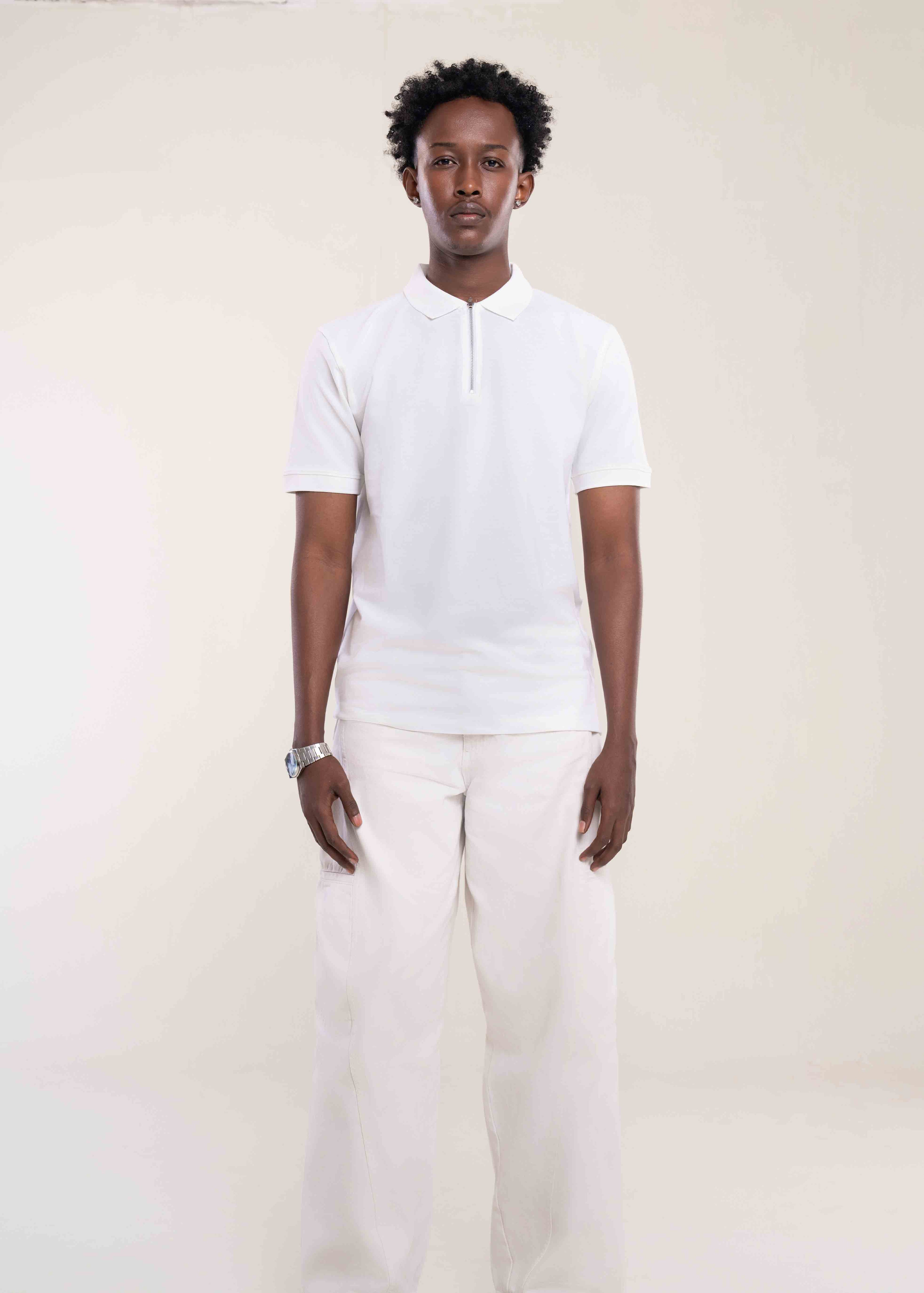 Mens Zip Neck Polo T Shirt White - Lucca Menswear UK