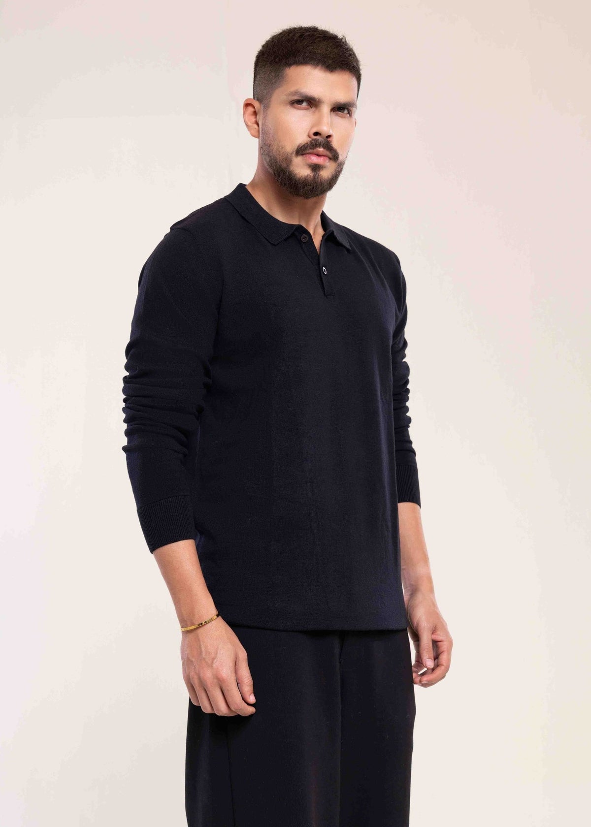 Men's Black Cotton Polo Jumper - Lucca Menswear Main image