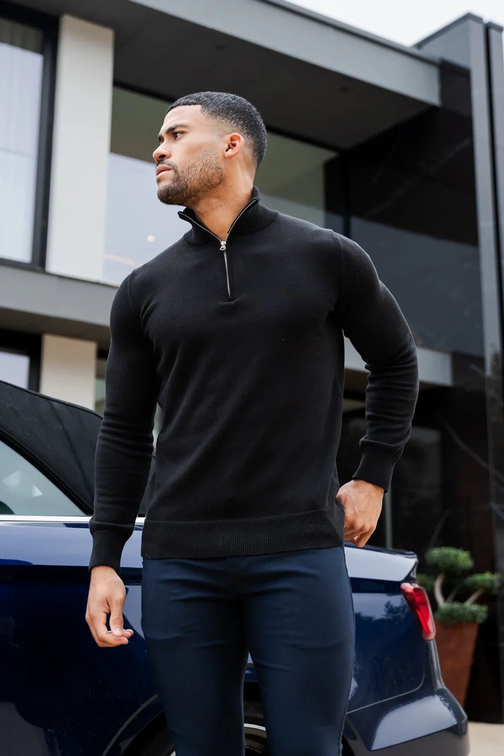 Men's Black Zip Neck Jumper - Lucca Menswear