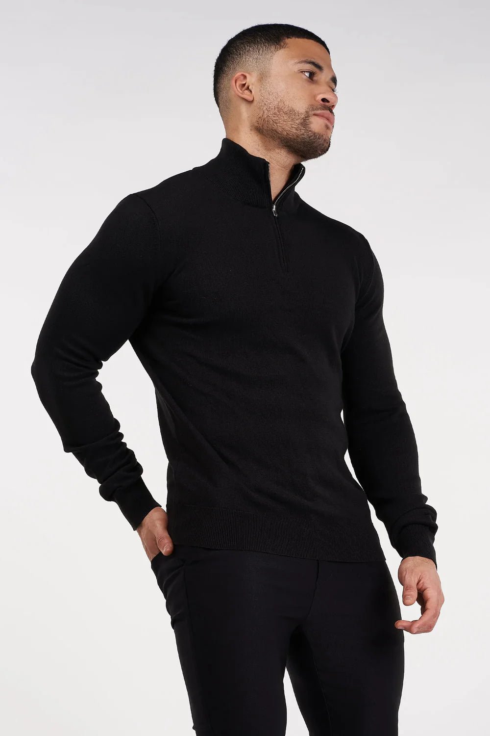 Men's Black Zip Neck Jumper - Lucca Menswear