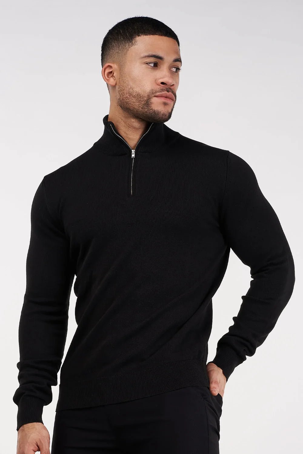 Men's Black Zip Neck Jumper - Lucca Menswear