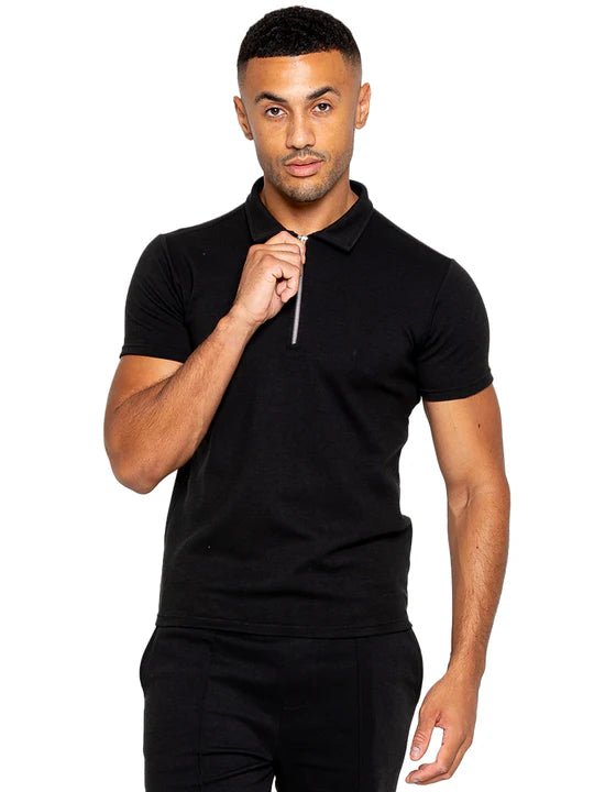 Men's Black Zip Neck Polo T-Shirt - Lucca Menswear Main image