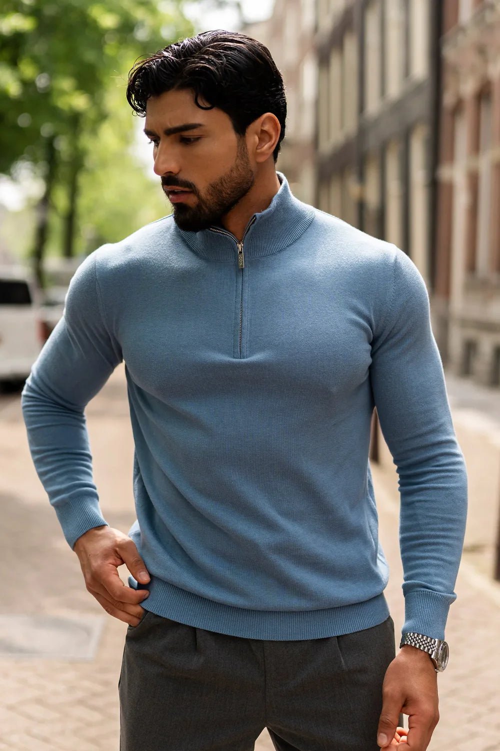 Men's Blue Zip Neck Jumper - Lucca Menswear