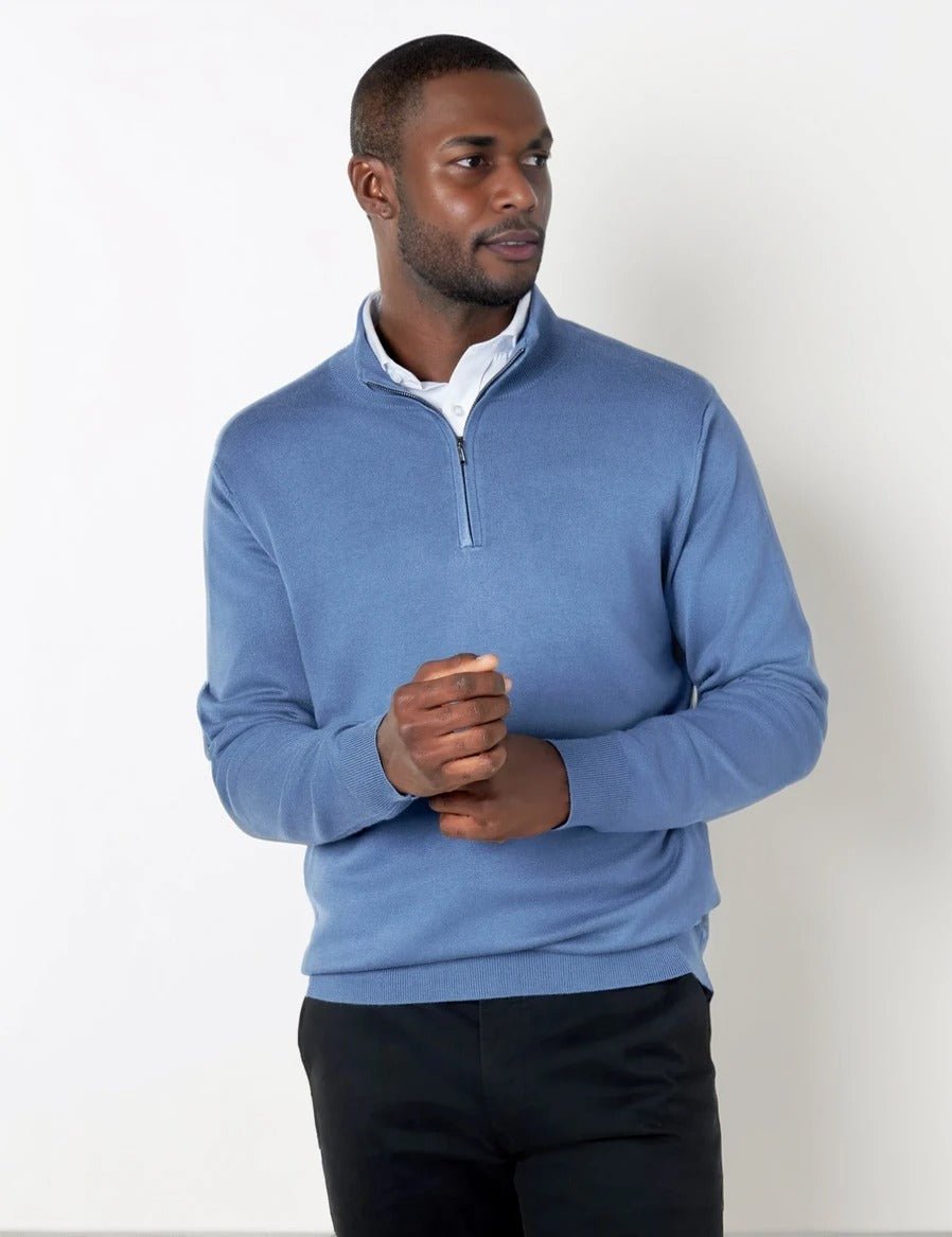 Men's Blue Zip Neck Jumper - Lucca Menswear