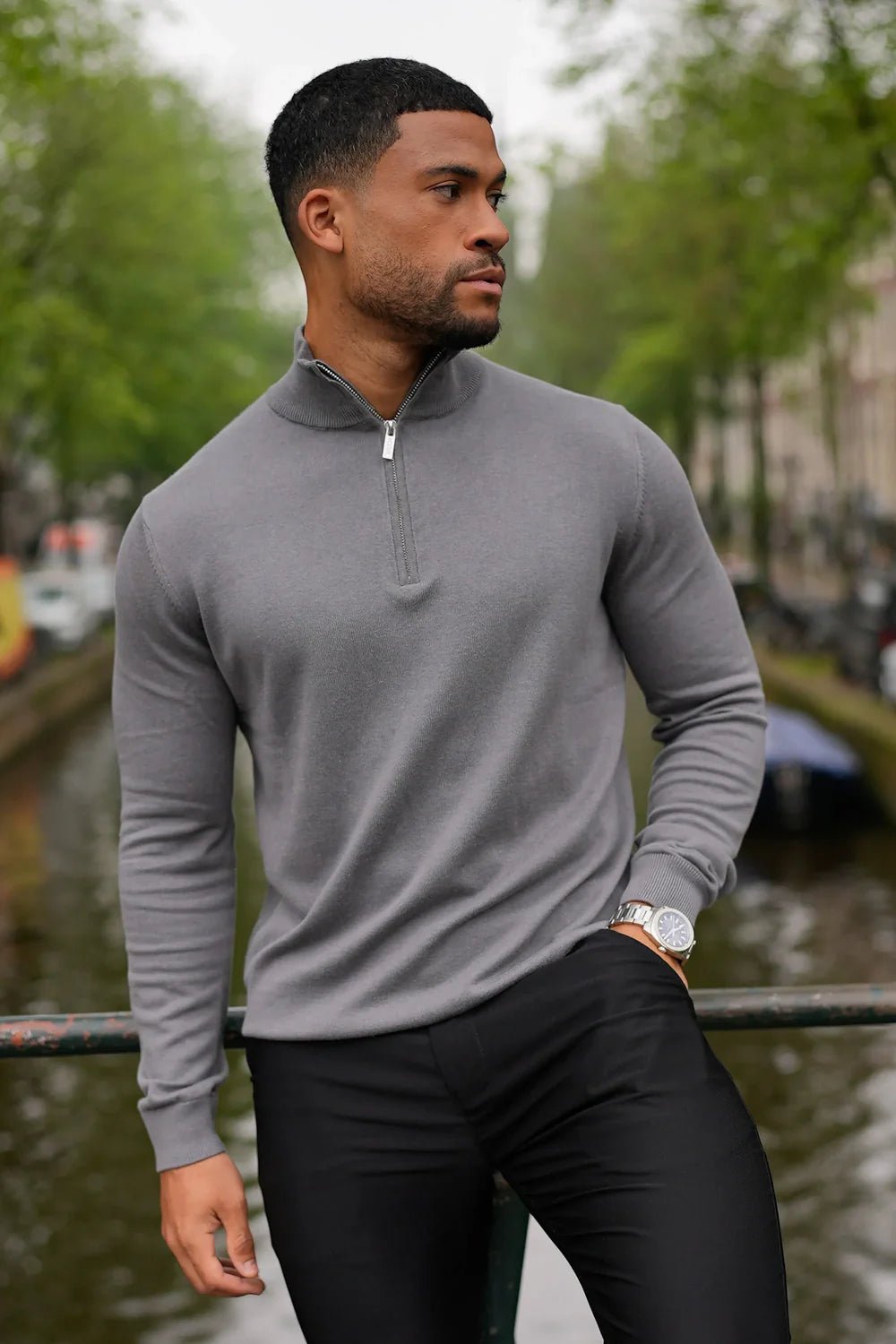 Men's Charcoal Zip Neck Jumper - Lucca Menswear