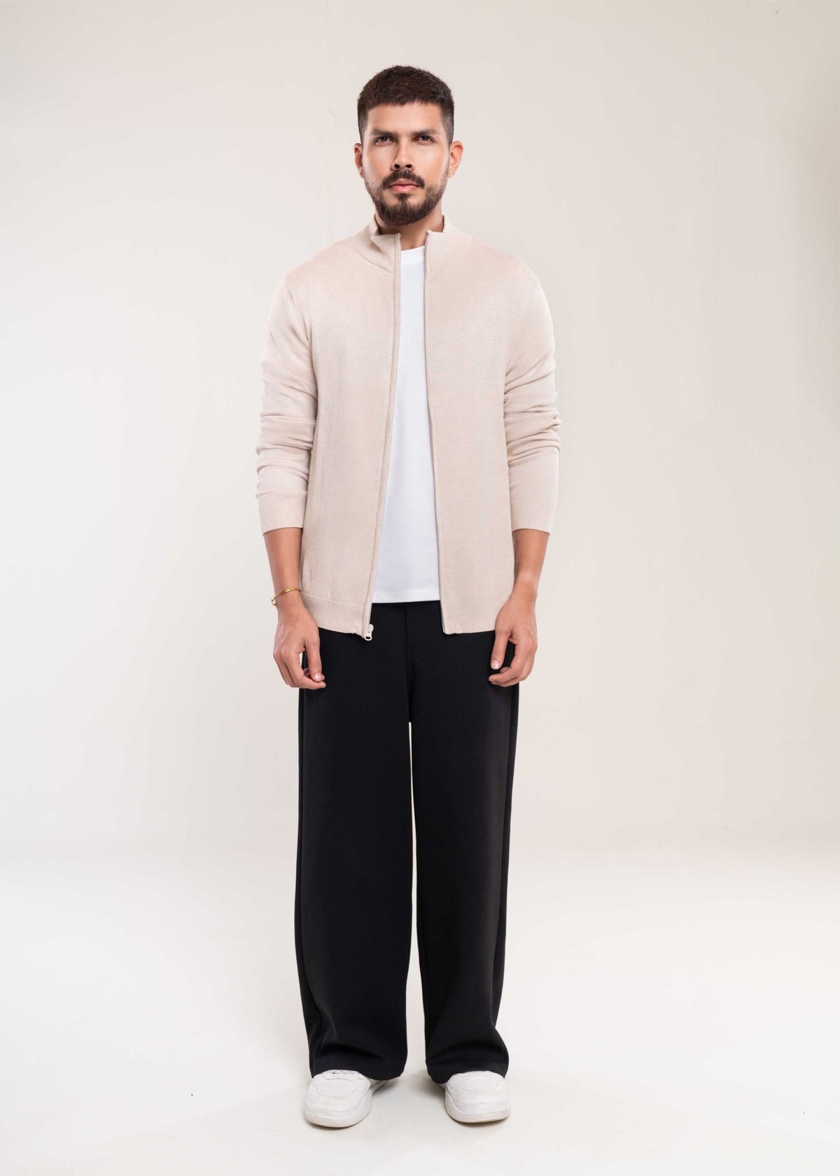 Men's Cream Full Zip Jumper - Lucca Menswear