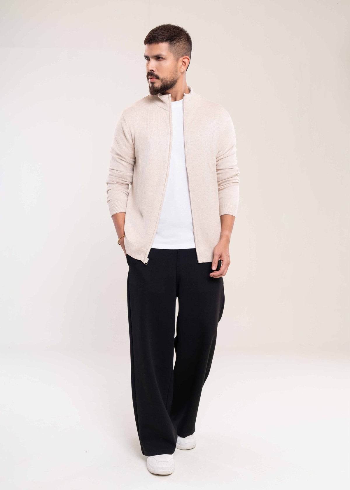 Men's Cream Full Zip Jumper - Lucca Menswear