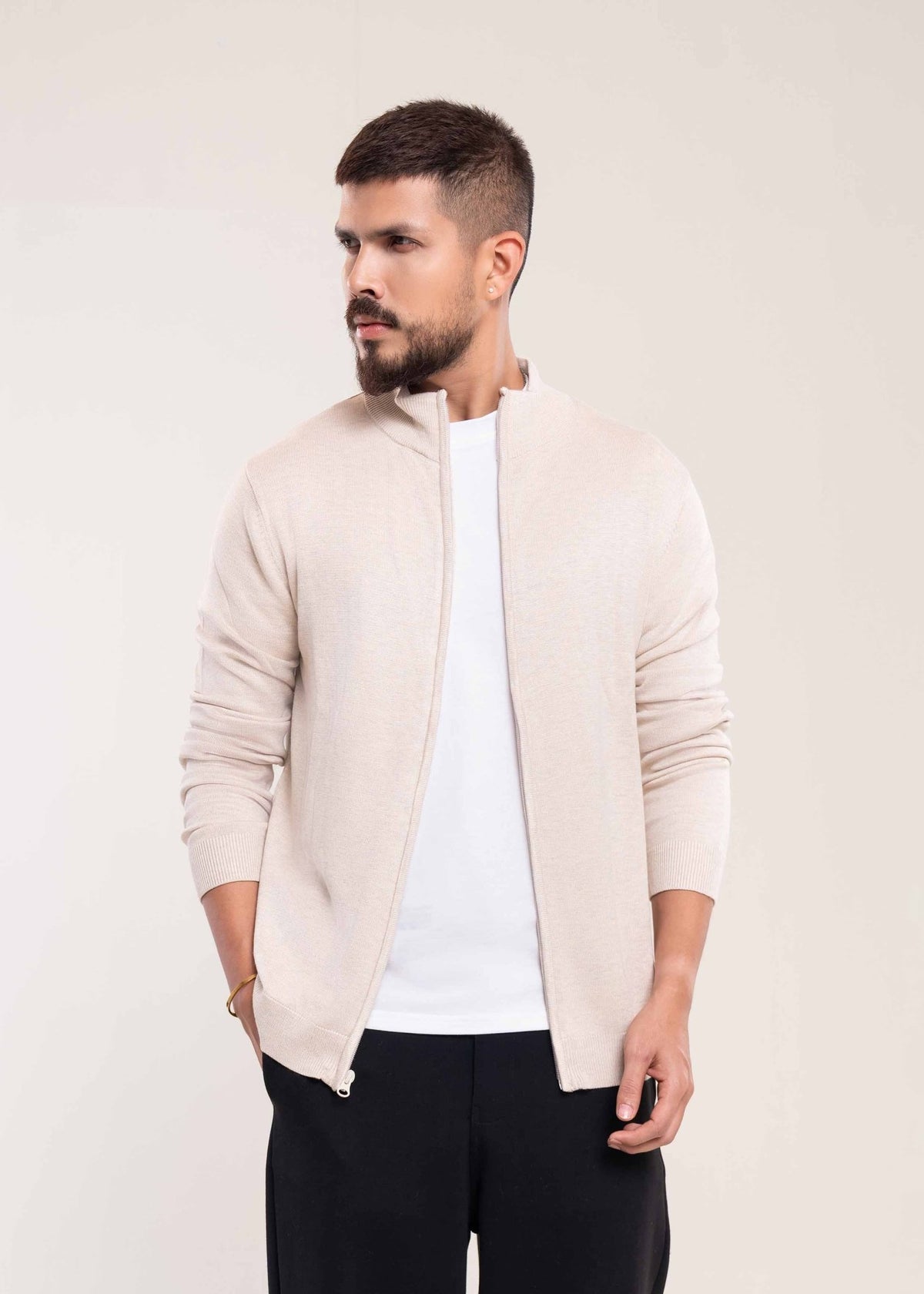 Men's Cream Full Zip Jumper - Lucca Menswear Main image