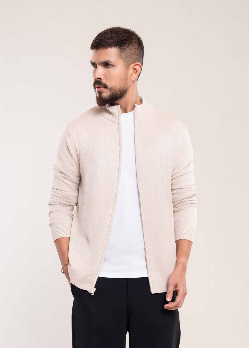Men's Cream Full Zip Jumper - Lucca Menswear