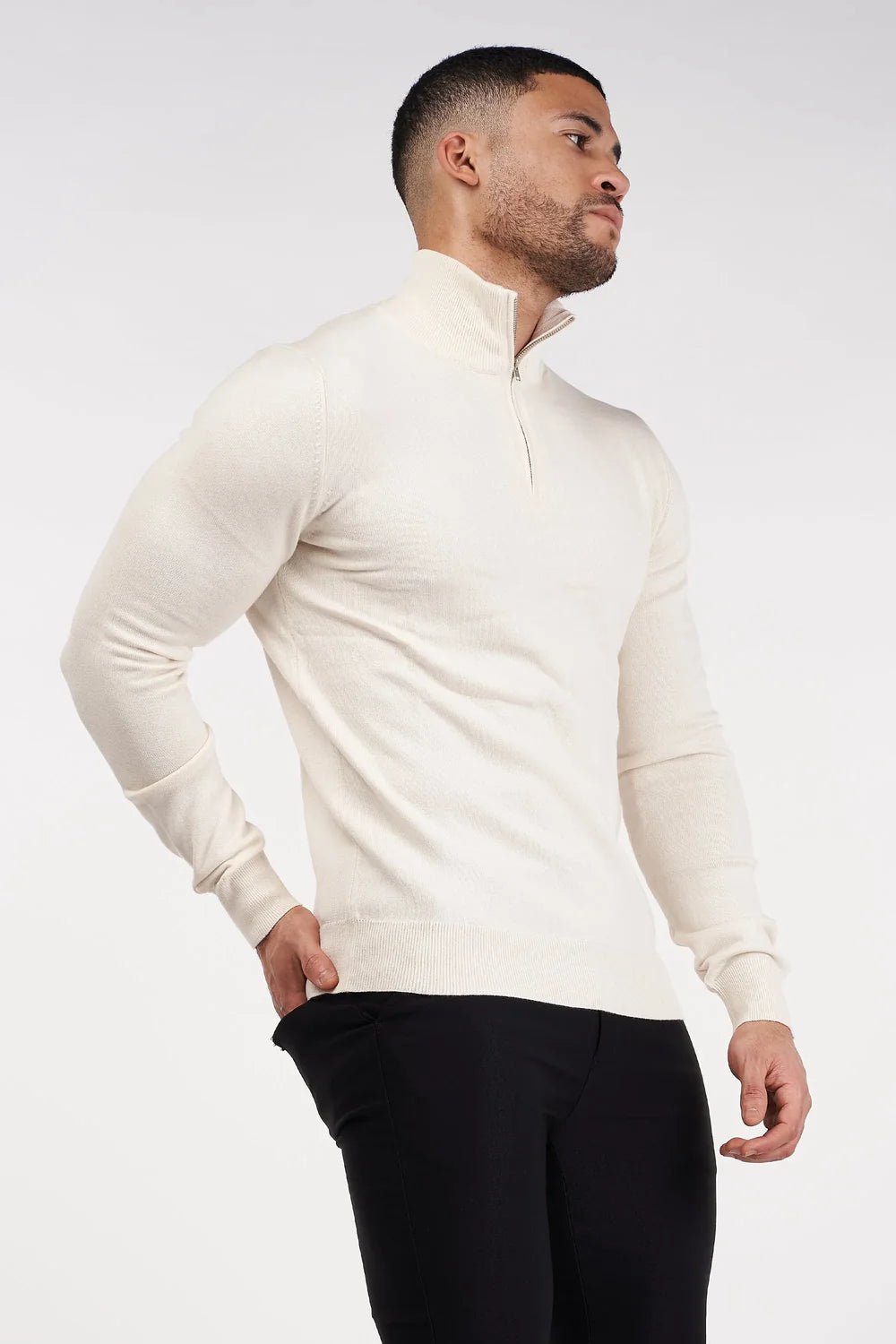 Men's Cream Zip Neck Jumper - Lucca Menswear