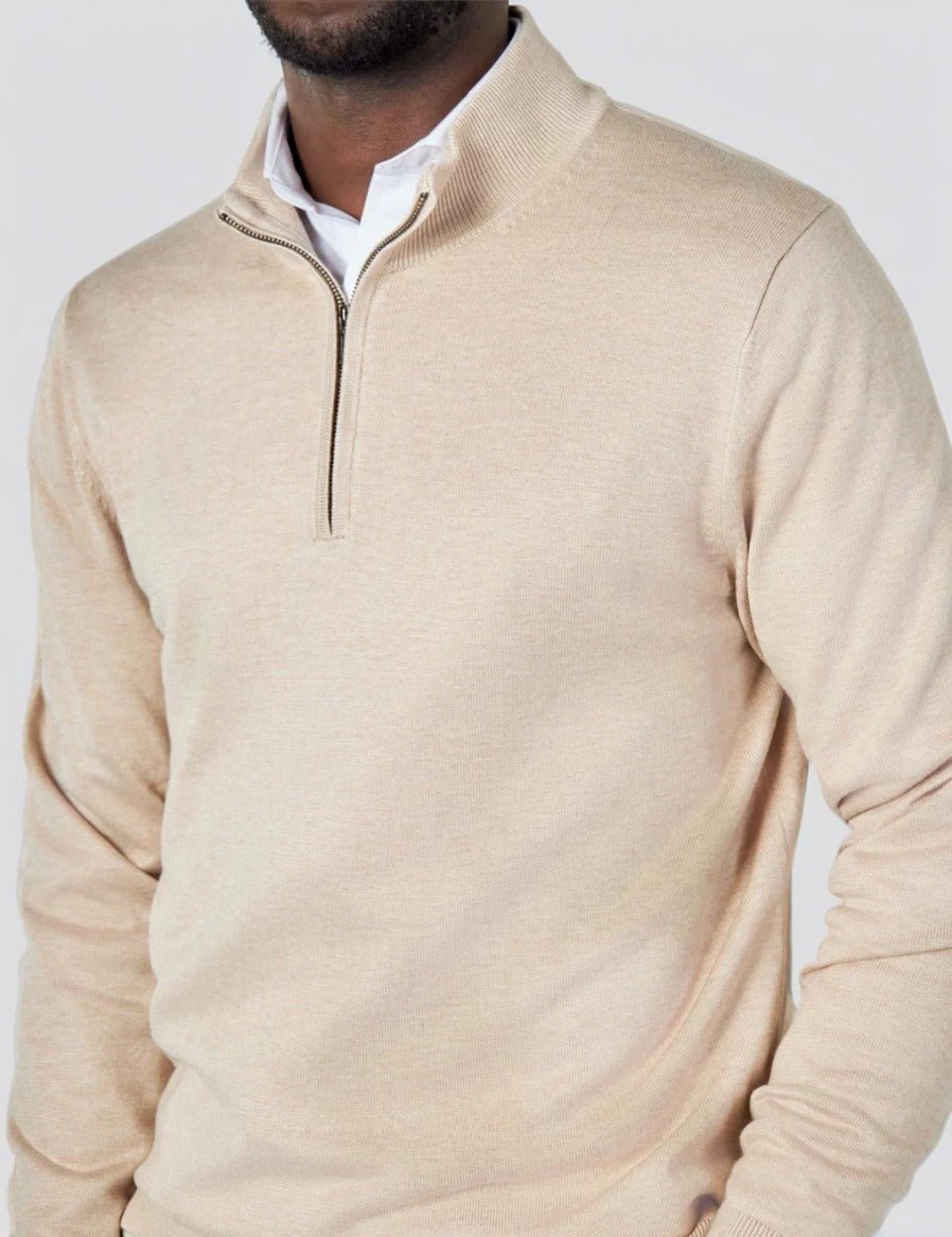 Men's Cream Zip Neck Jumper - Lucca Menswear