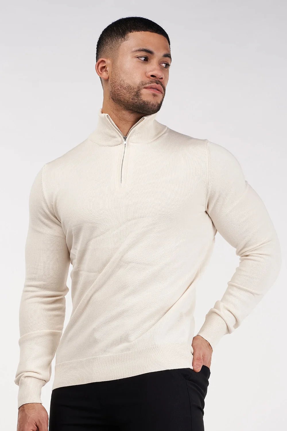 Men's Cream Zip Neck Jumper - Lucca Menswear