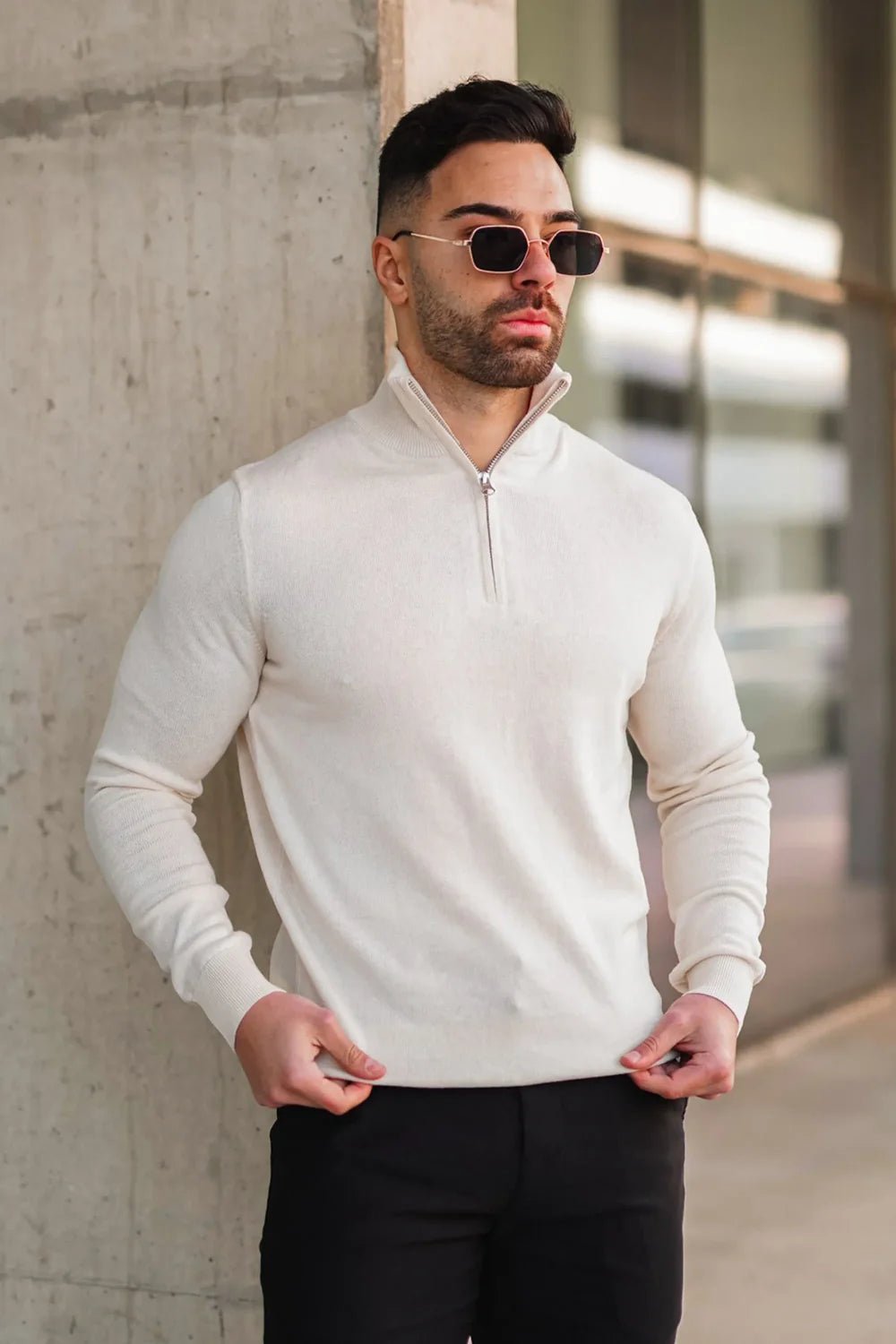 Men's Cream Zip Neck Jumper - Lucca Menswear