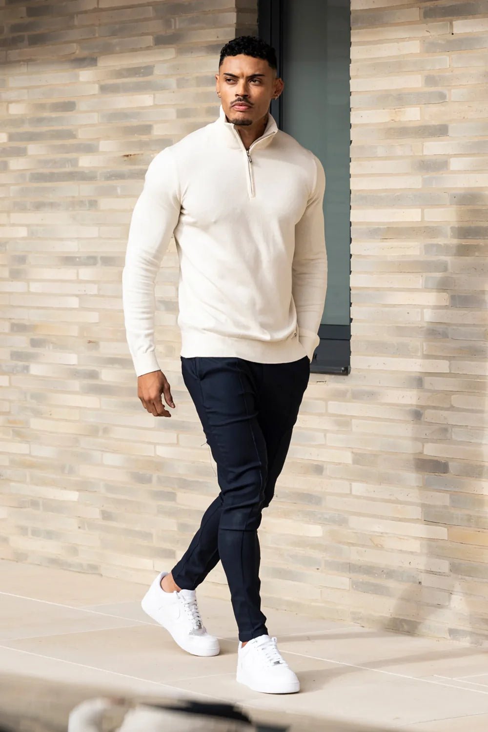 Men's Cream Zip Neck Jumper - Lucca Menswear