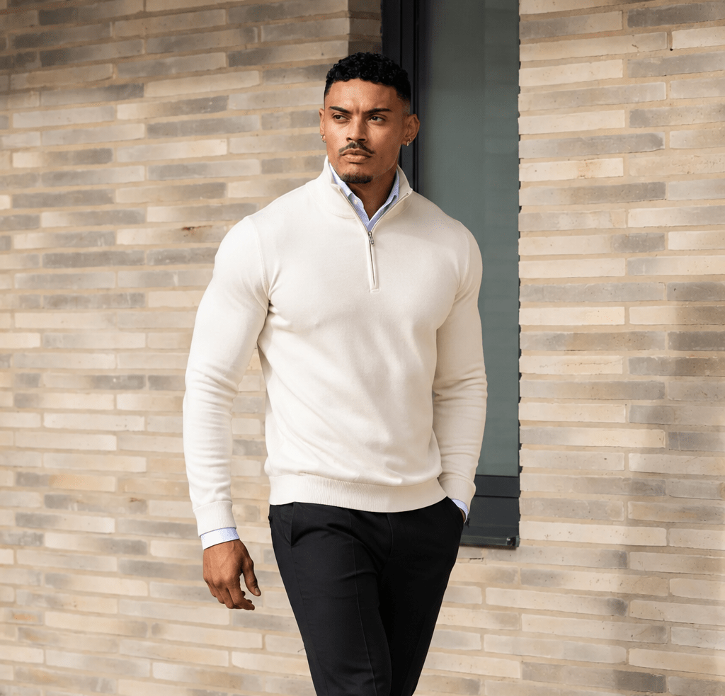 Men's Cream Zip Neck Jumper - Lucca Menswear