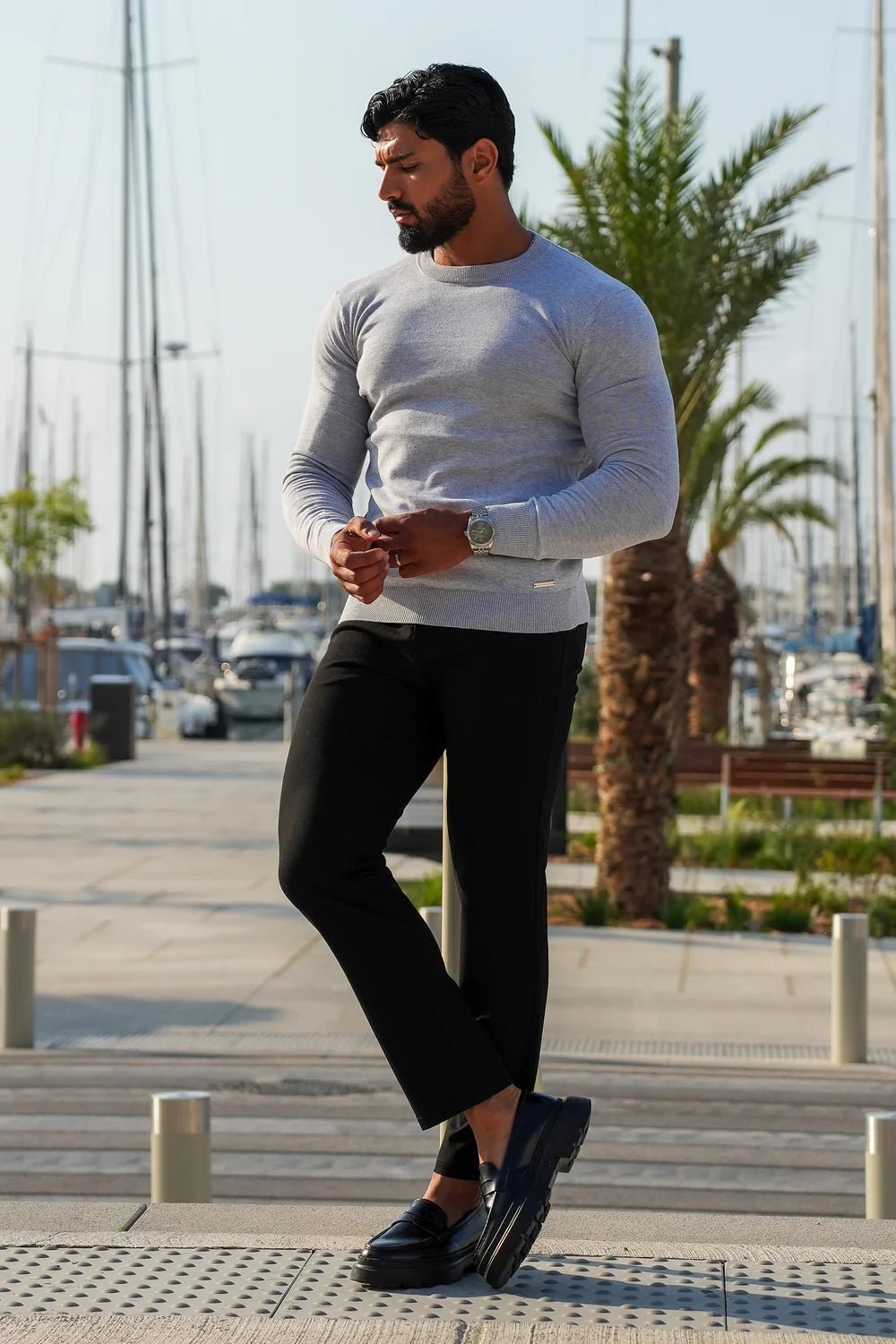 Men's Grey Crew Neck Sweater - Lucca Menswear