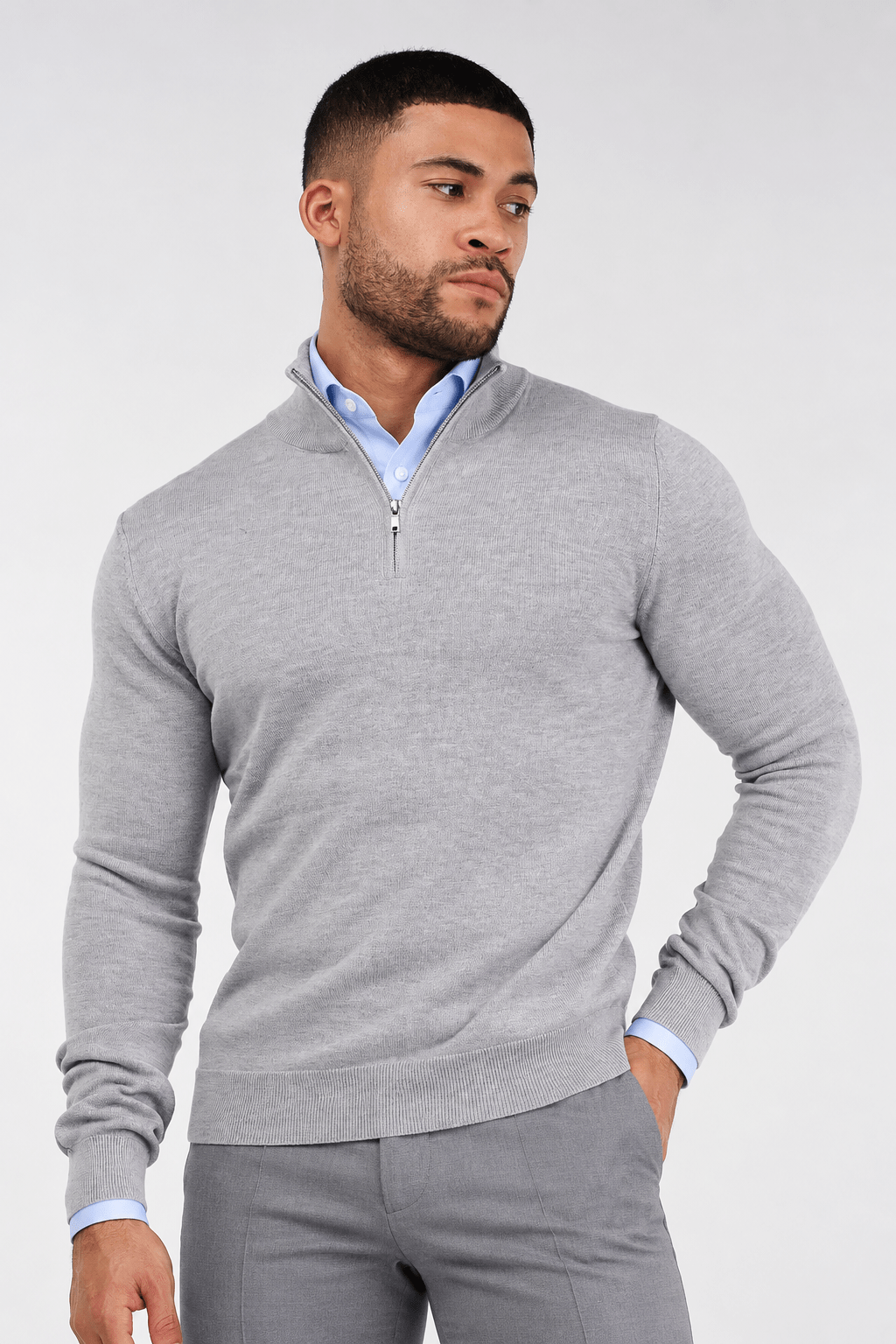 Men's Grey Zip Neck Jumper - Lucca Menswear Main image