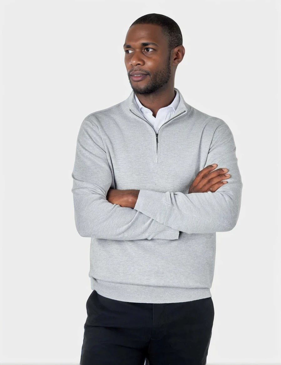 Men's Grey Zip Neck Jumper - Lucca Menswear