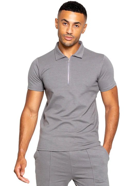 Men's Grey Zip Neck Polo T-Shirt - Lucca Menswear