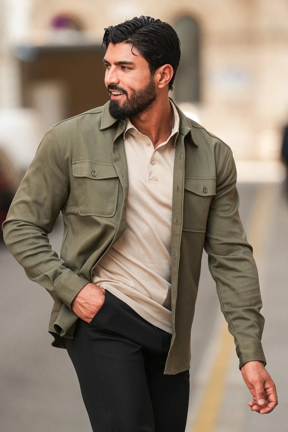 Men's Khaki Premium Overshirt - Lucca Menswear