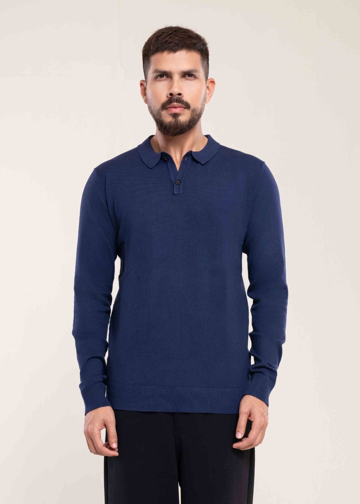 Men's Navy Blue Slim Fit Polo Jumper - Lucca Menswear Main image