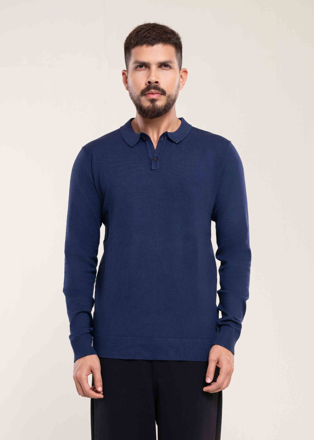 Men's Navy Blue Slim Fit Polo Jumper - Lucca Menswear
