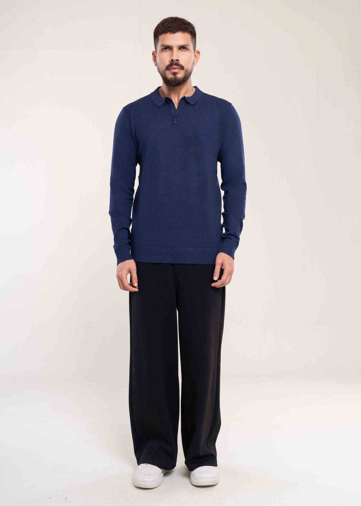Men's Navy Blue Slim Fit Polo Jumper - Lucca Menswear