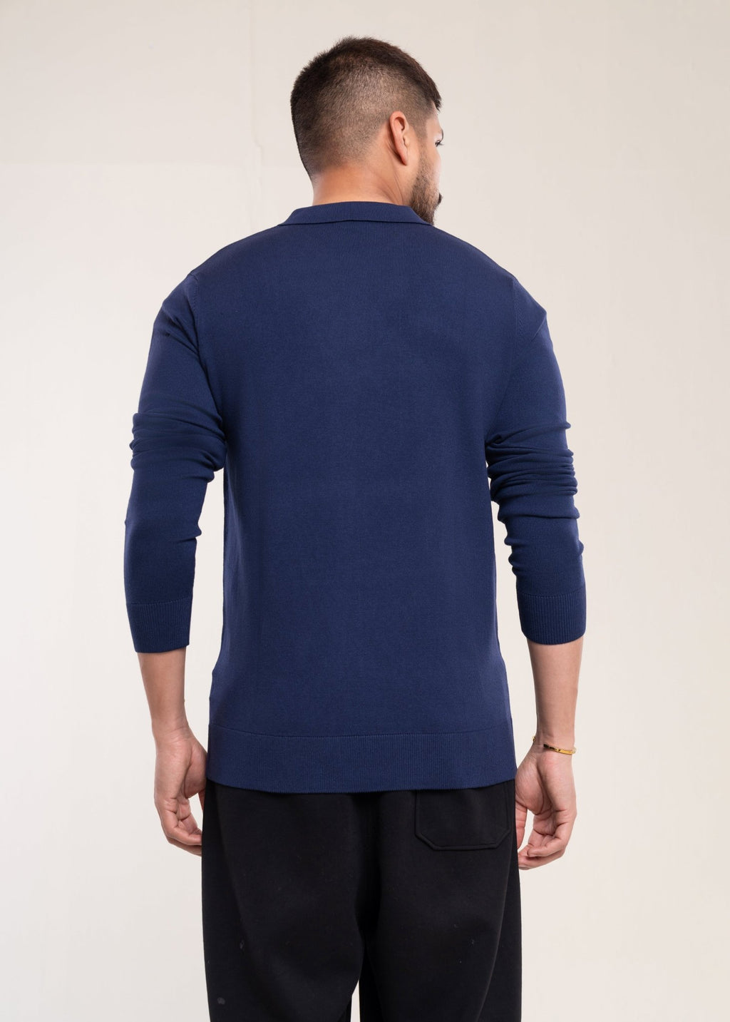 Men's Navy Blue Slim Fit Polo Jumper - Lucca Menswear