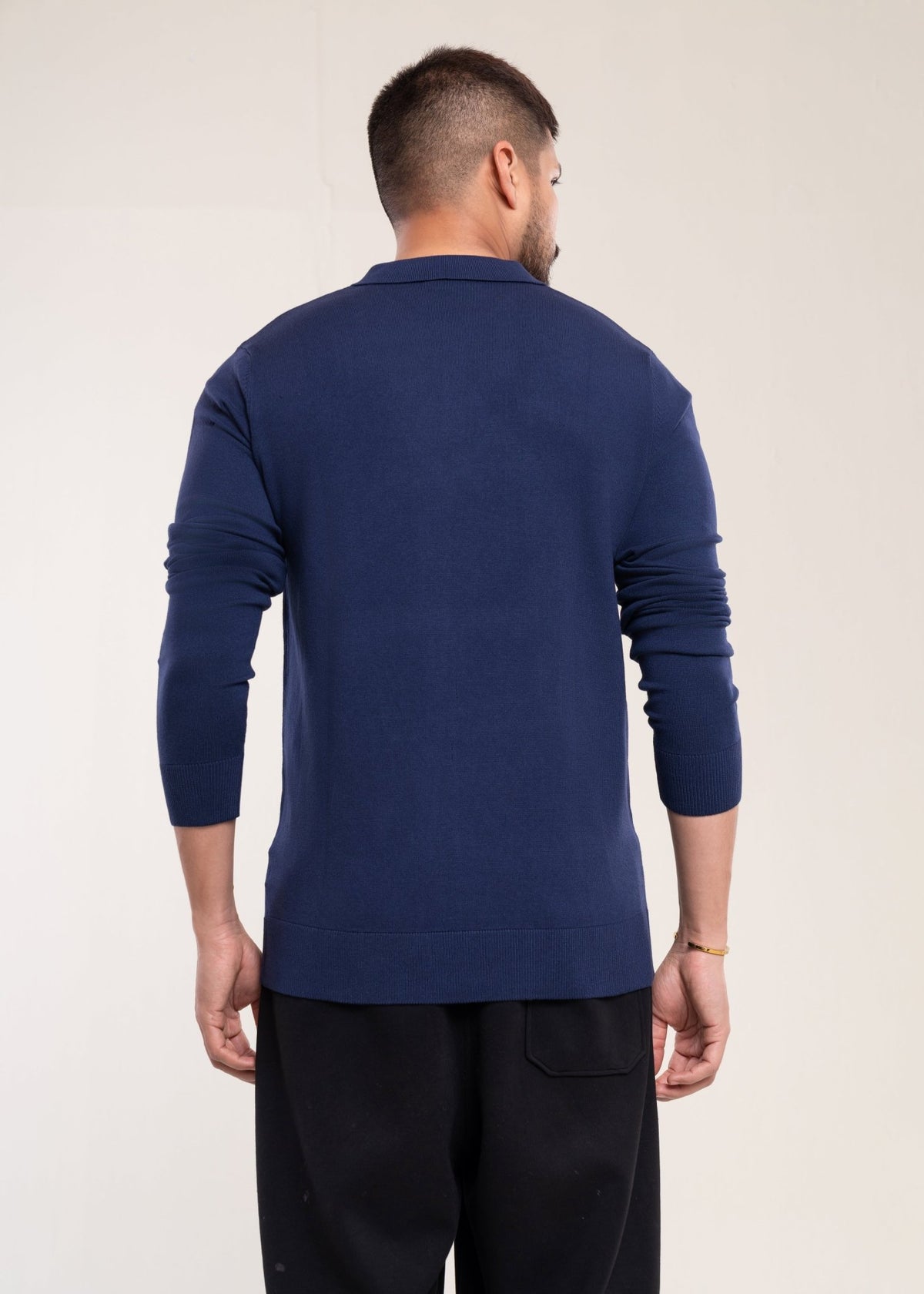 Men's Navy Blue Slim Fit Polo Jumper - Lucca Menswear