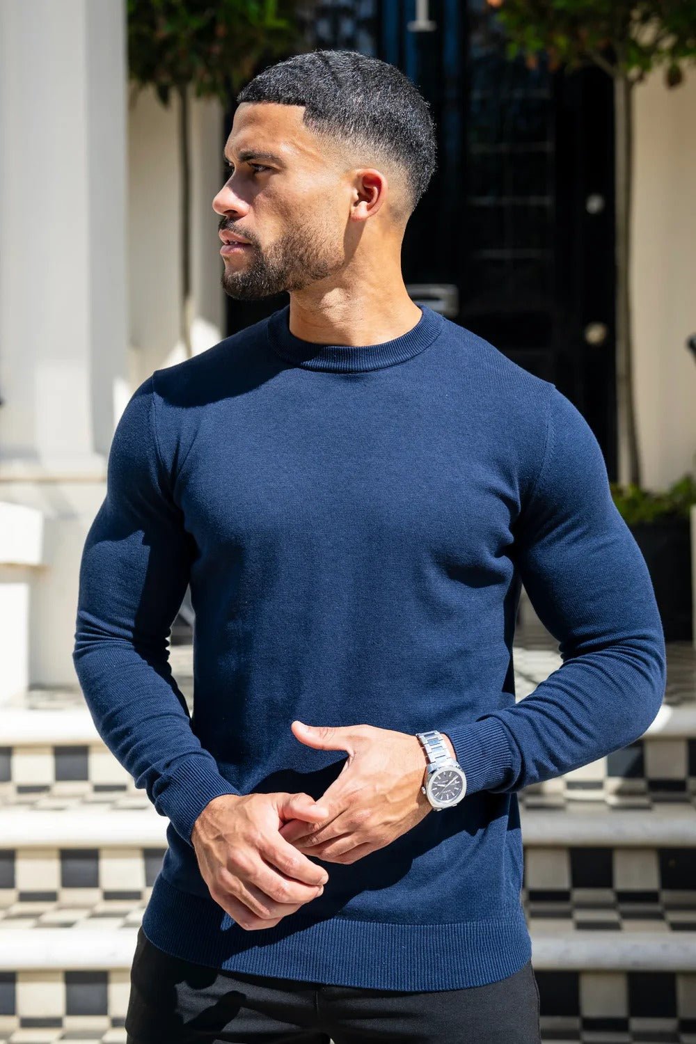 Men's Navy Crew Neck Sweater - Lucca Menswear