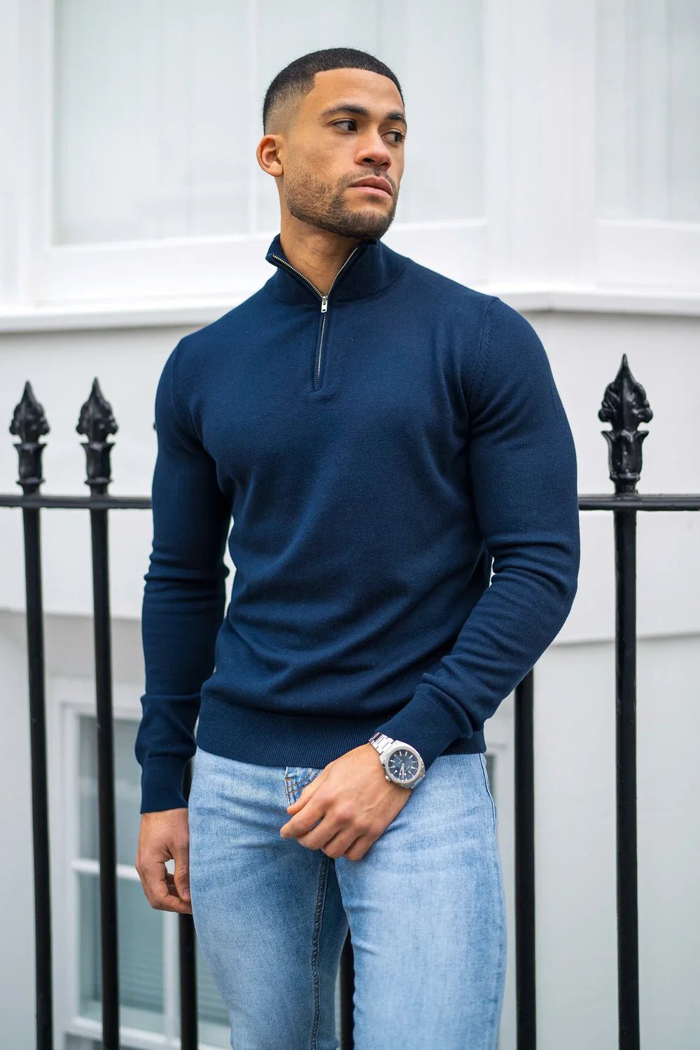 Men's Navy Zip Neck Jumper - Lucca Menswear