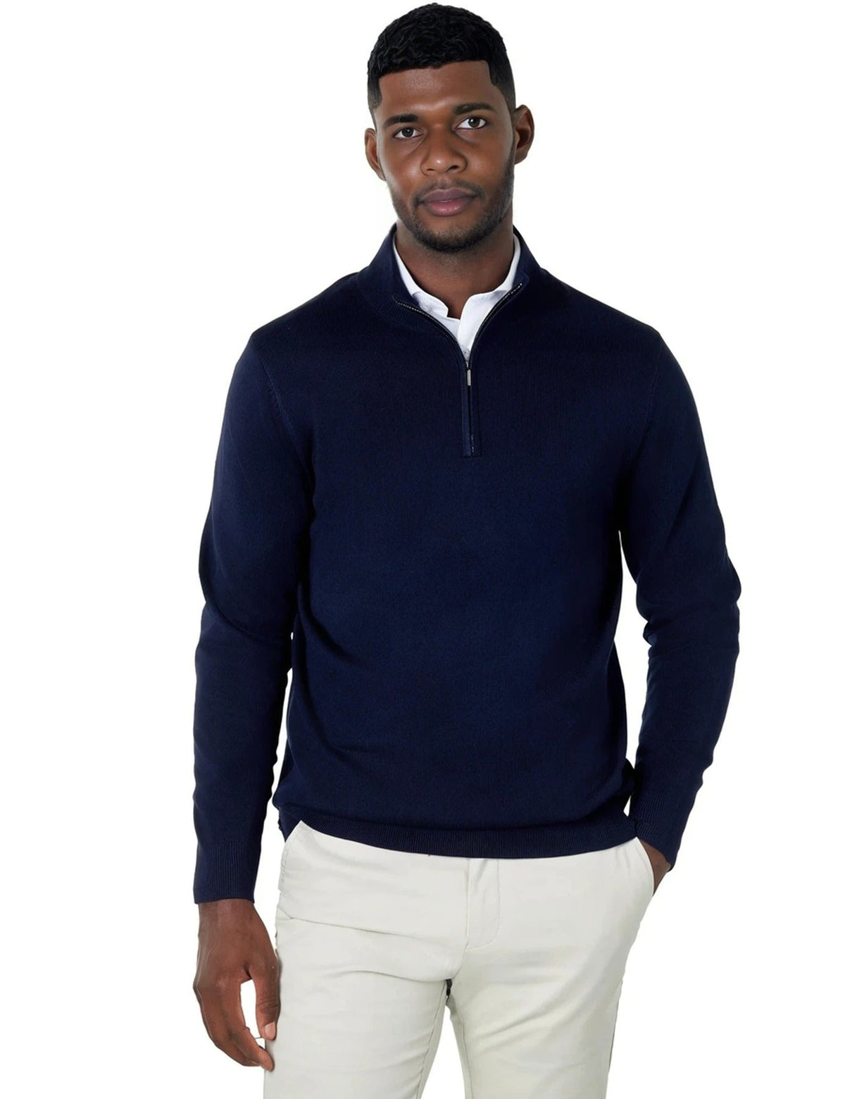 Men's Navy Zip Neck Jumper - Lucca Menswear Main image