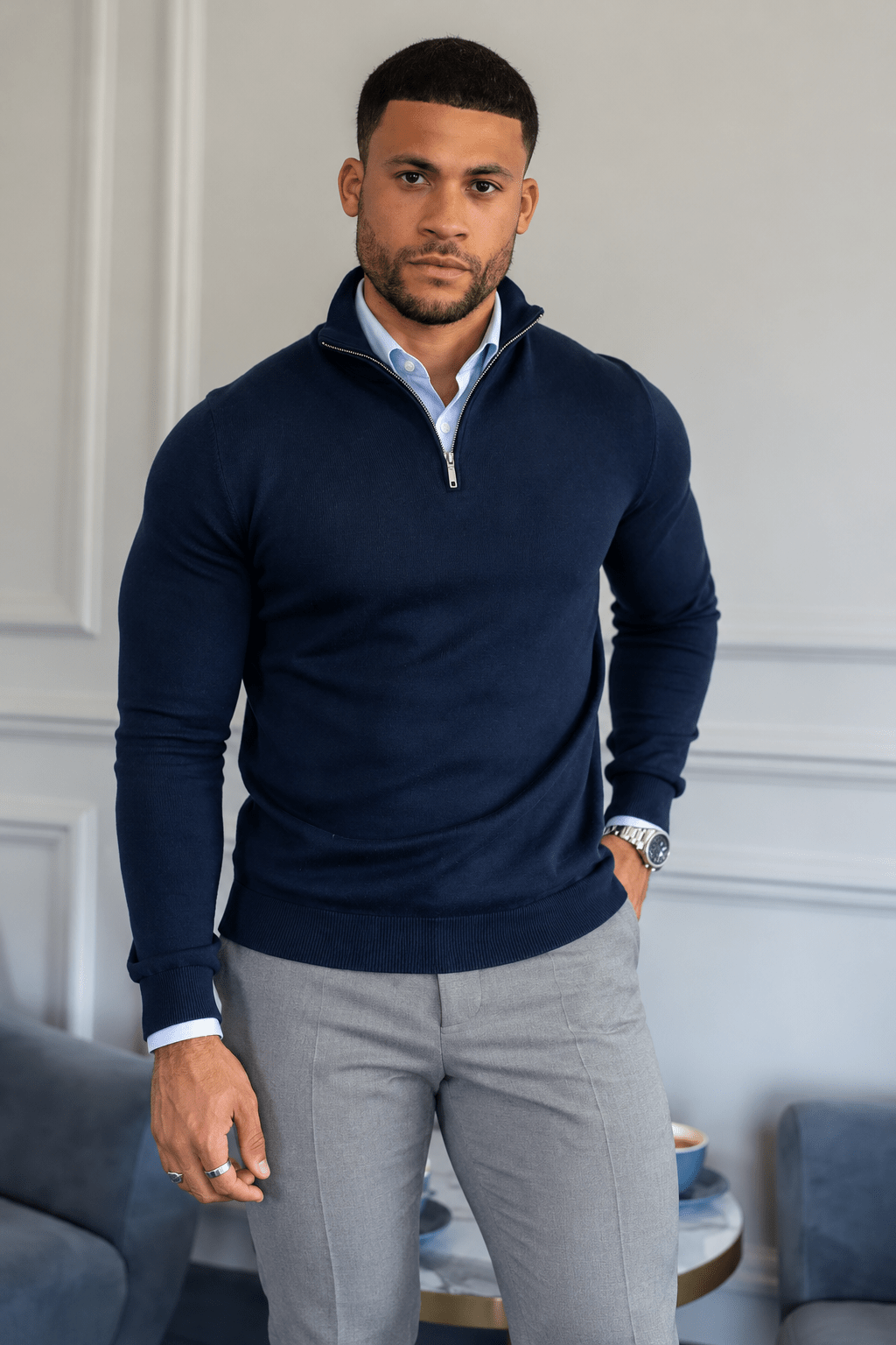 Men's Navy Zip Neck Jumper - Lucca Menswear Main image