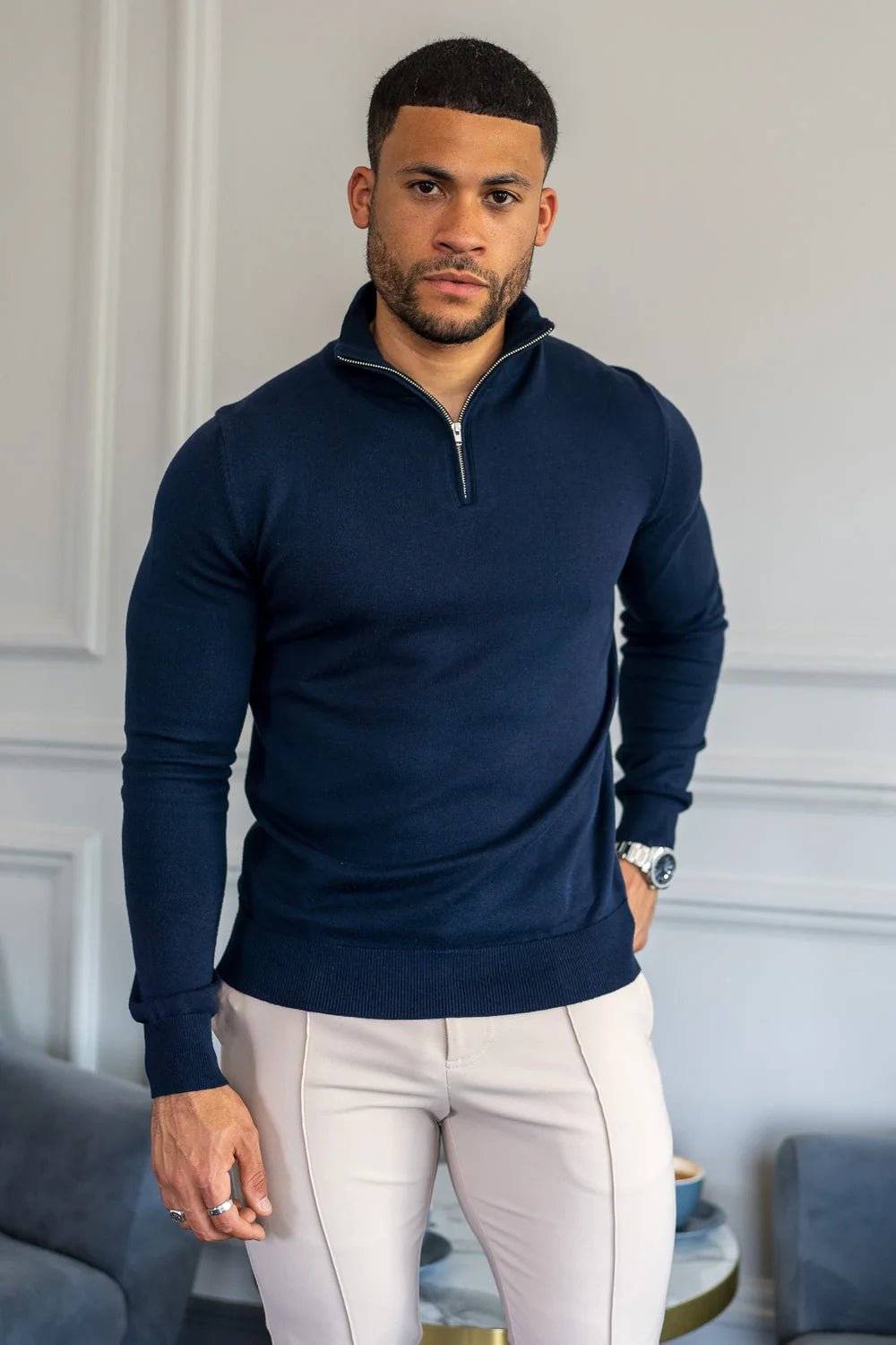 Men's Navy Zip Neck Jumper - Lucca Menswear
