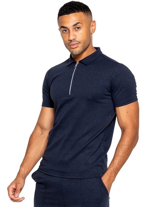 Men's Navy Zip Neck Polo T-Shirt - Lucca Menswear