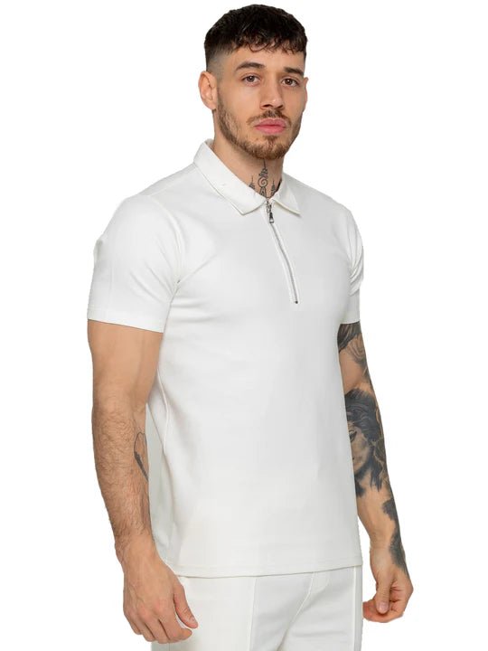 Men's White Zip Neck Polo T-Shirt - Lucca Menswear